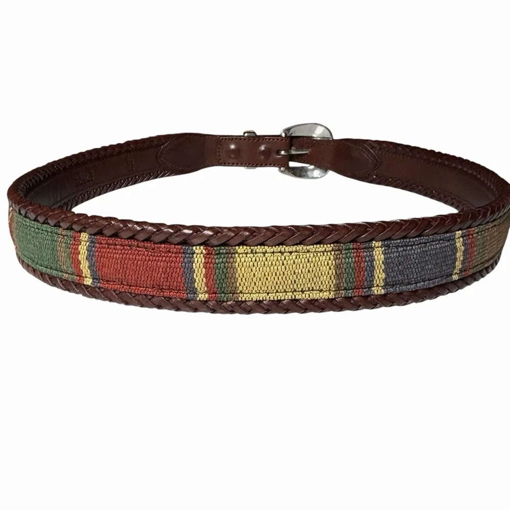 Brighton‎ Santos Fabric Braided Edge Western Leather Belt Silver Buckle Size 32